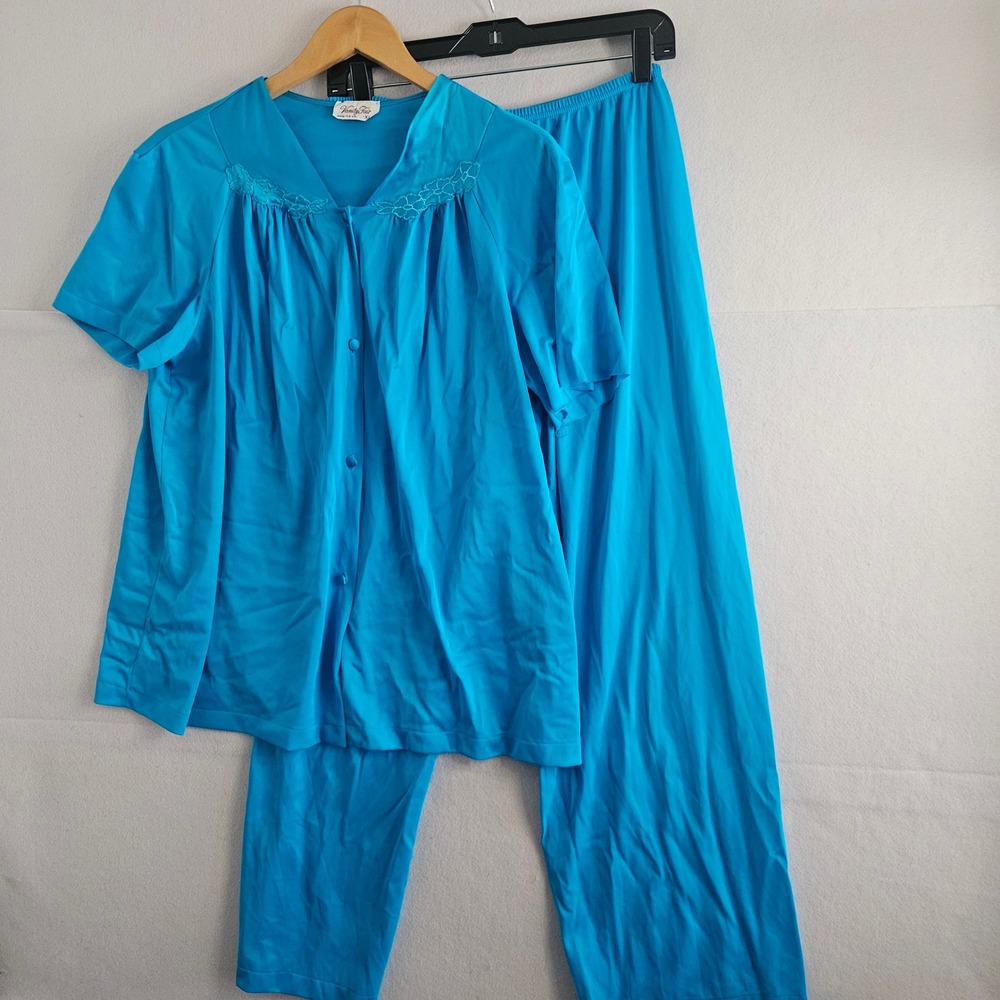 Vintage Vanity Fair Blue Nylon Pajama Set XL Embroidered Top Pants Made in USA